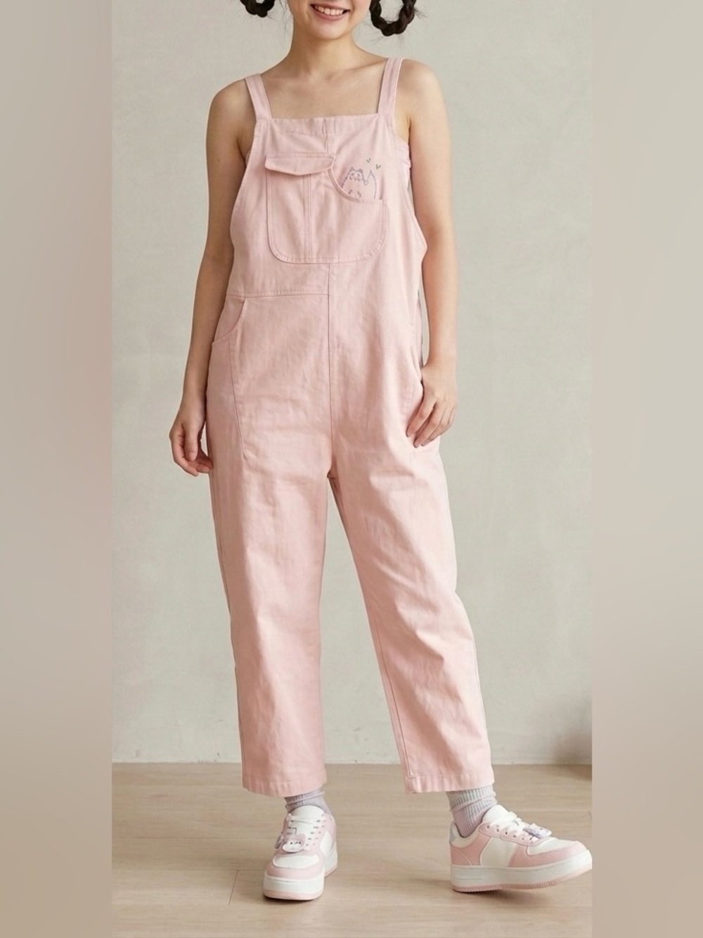 à la sha Pink Qummi Cat Oversized Overalls Embroidered Kawaii Cottagecore Size M